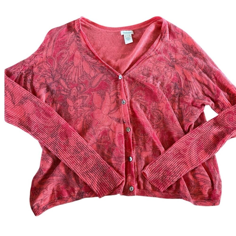 Sundance Womens L 100% Linen Cardigan Coral Floral Button Front Boho Artsy